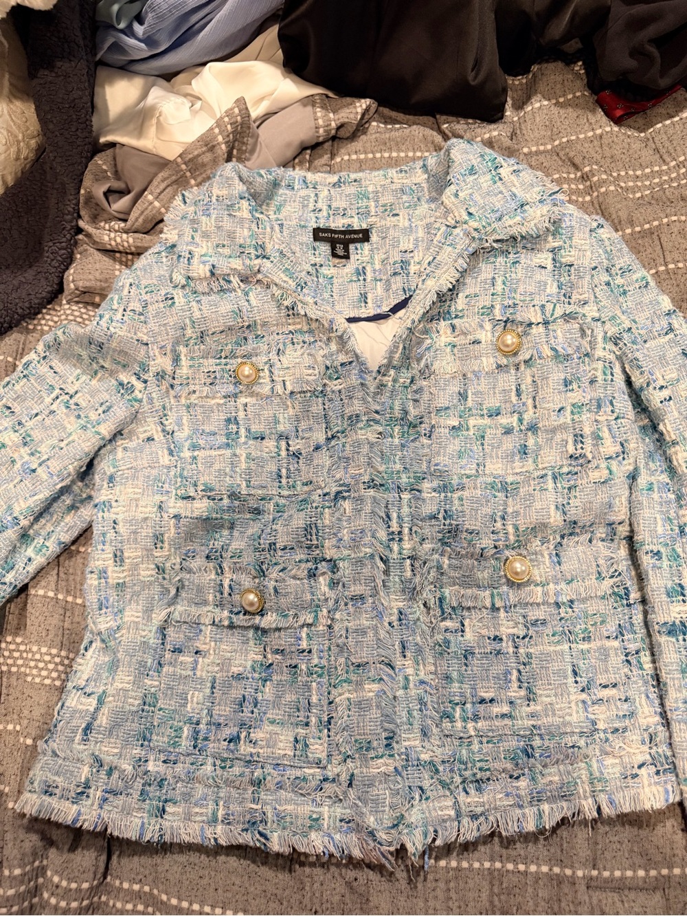 Saks Fifth Avenue Light Blue Tweed Jacket with White and Green Accents - Picture 3 of 3